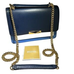 MICHAEL KORS NWT Jade Large Gusset 3-Color Navy White Blue Leather Shoulder Bag